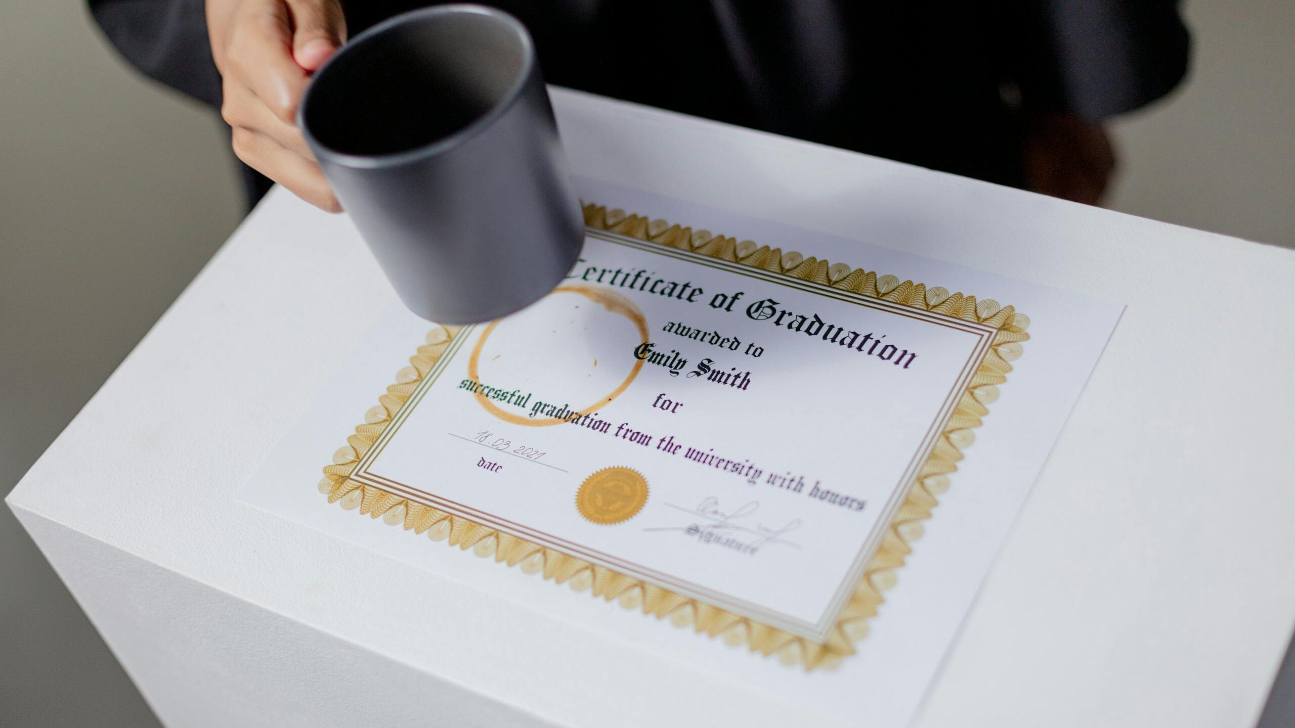 A Person Holding a Mug Near the Certificate on the Table