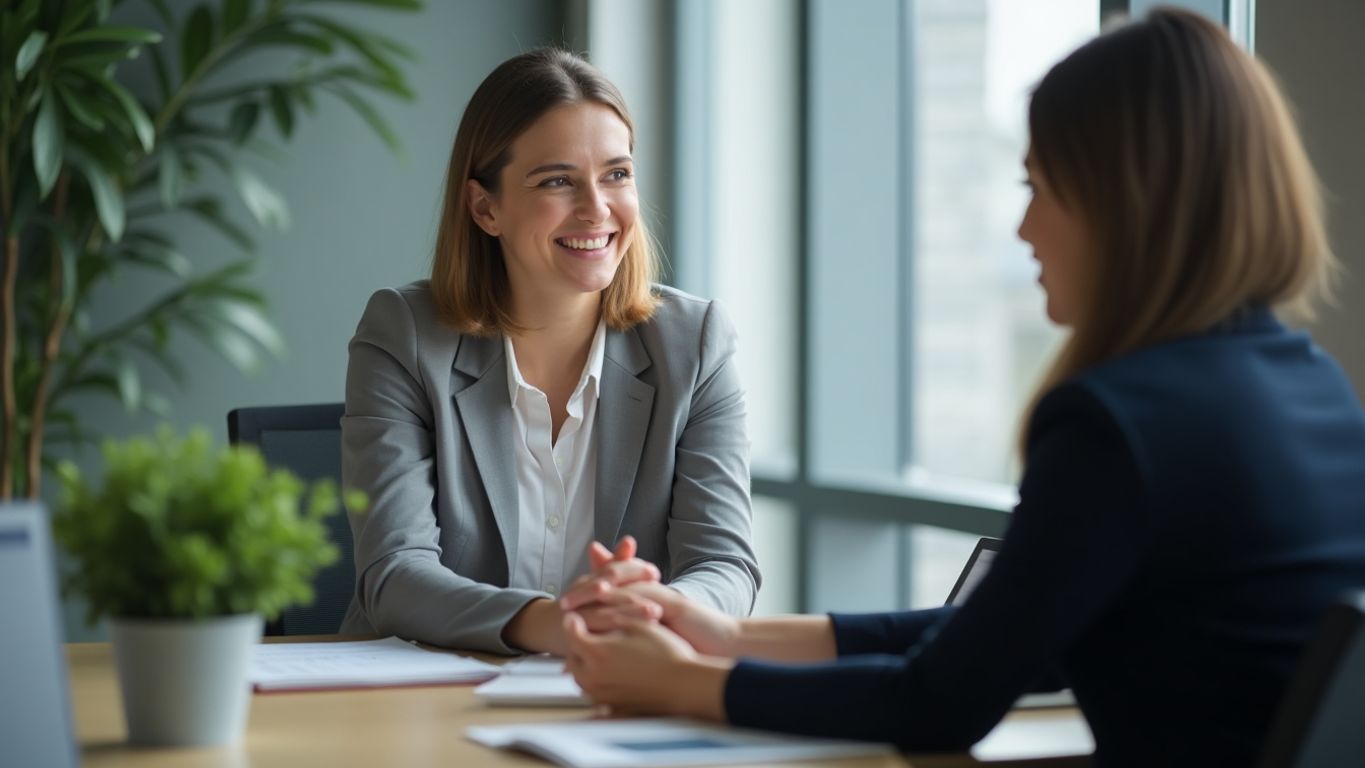 A confident job candidate in a professional interview setting.